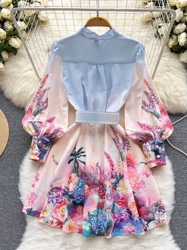 Elegant Gradien Short Dress Women's Linen Stand Long Lantern Sleeve Flower Print