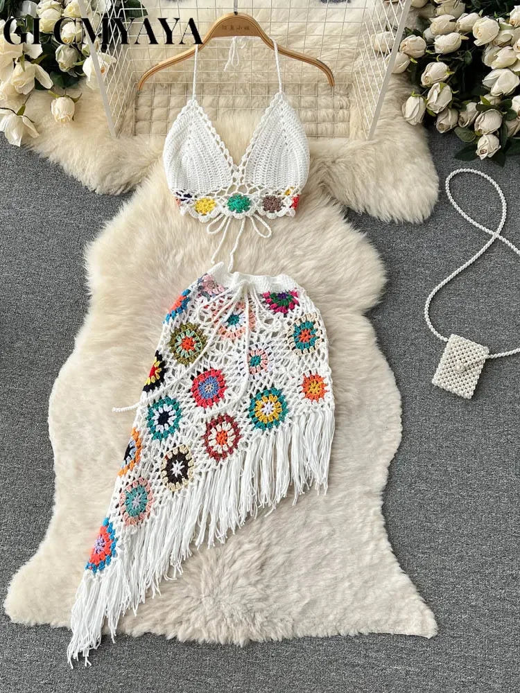 Holiday Beach Skirts Set Knitted Crochet Halter Crop Top and Irregular Mini Midi Skirt Sexy Two 2 Piece Sets