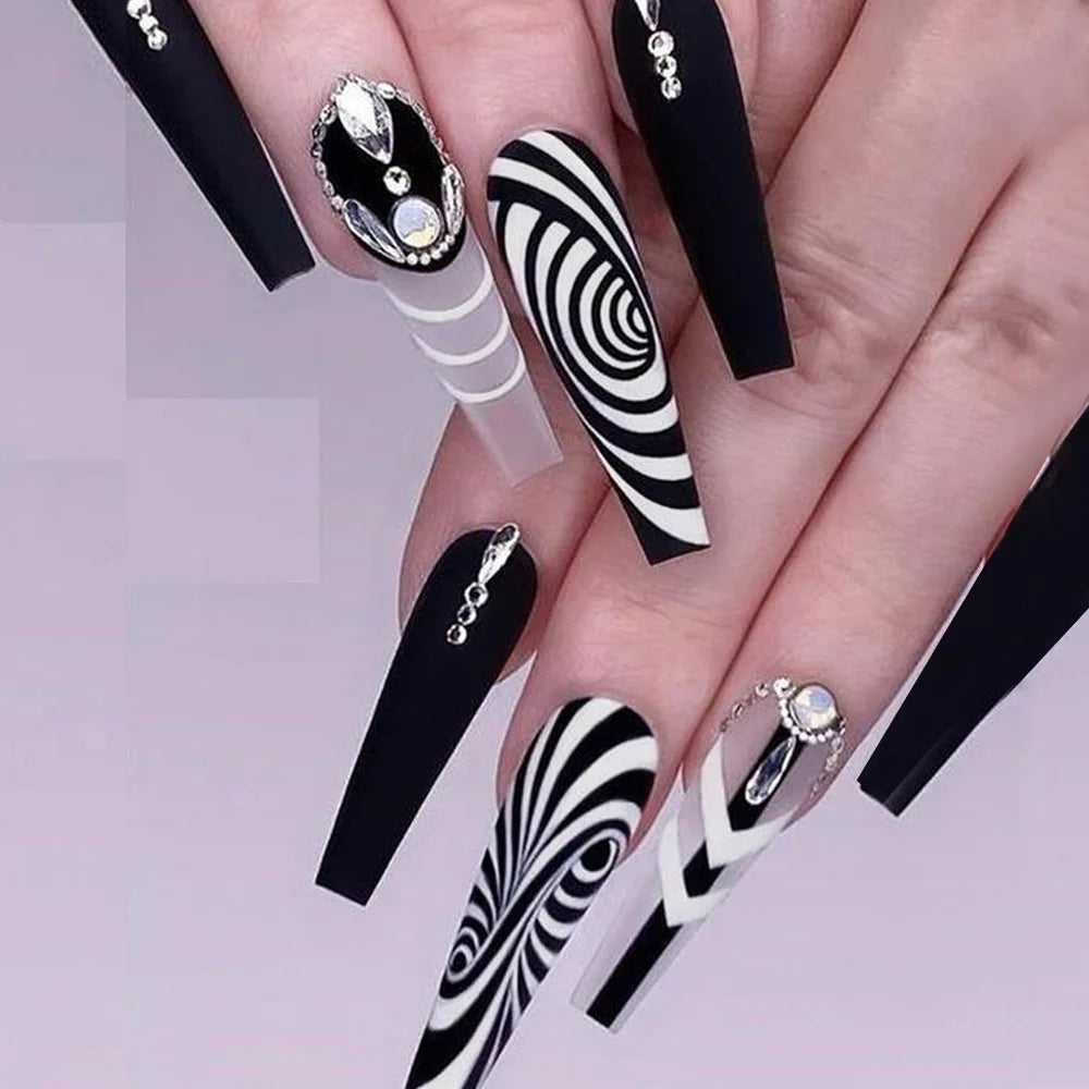 24 Pcs Long Coffin Press On Nails Colorful Pattern With Rhinestones