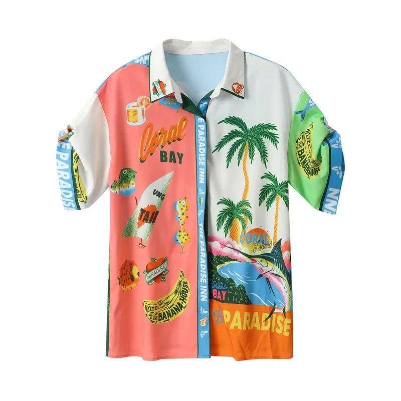 Summer Printed Short-sleeved Color Matching Rope Trousers Suit