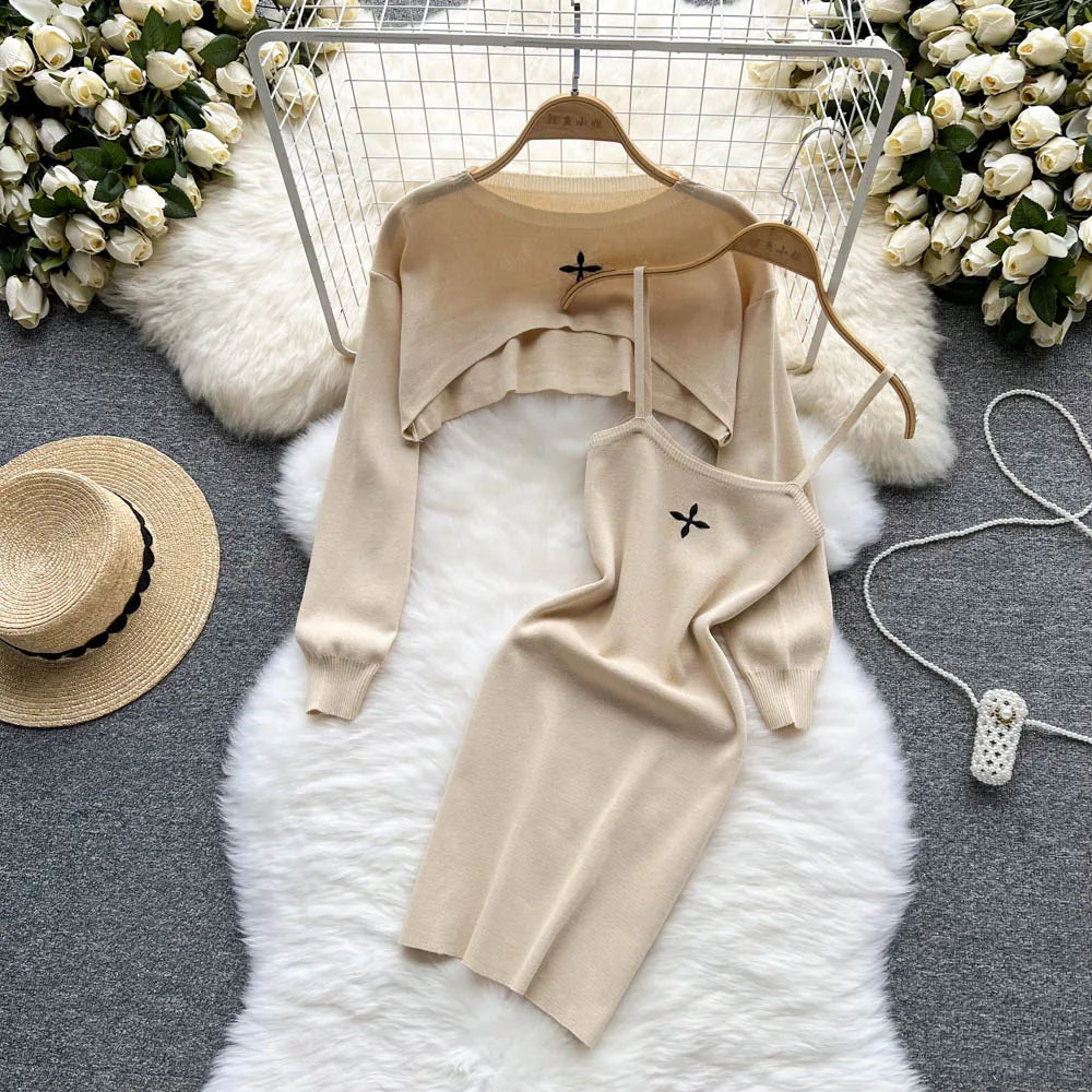 Women Dress Set strap Mini Dress + Full Sleeve Crop Top Streetwear Two Piece Suits