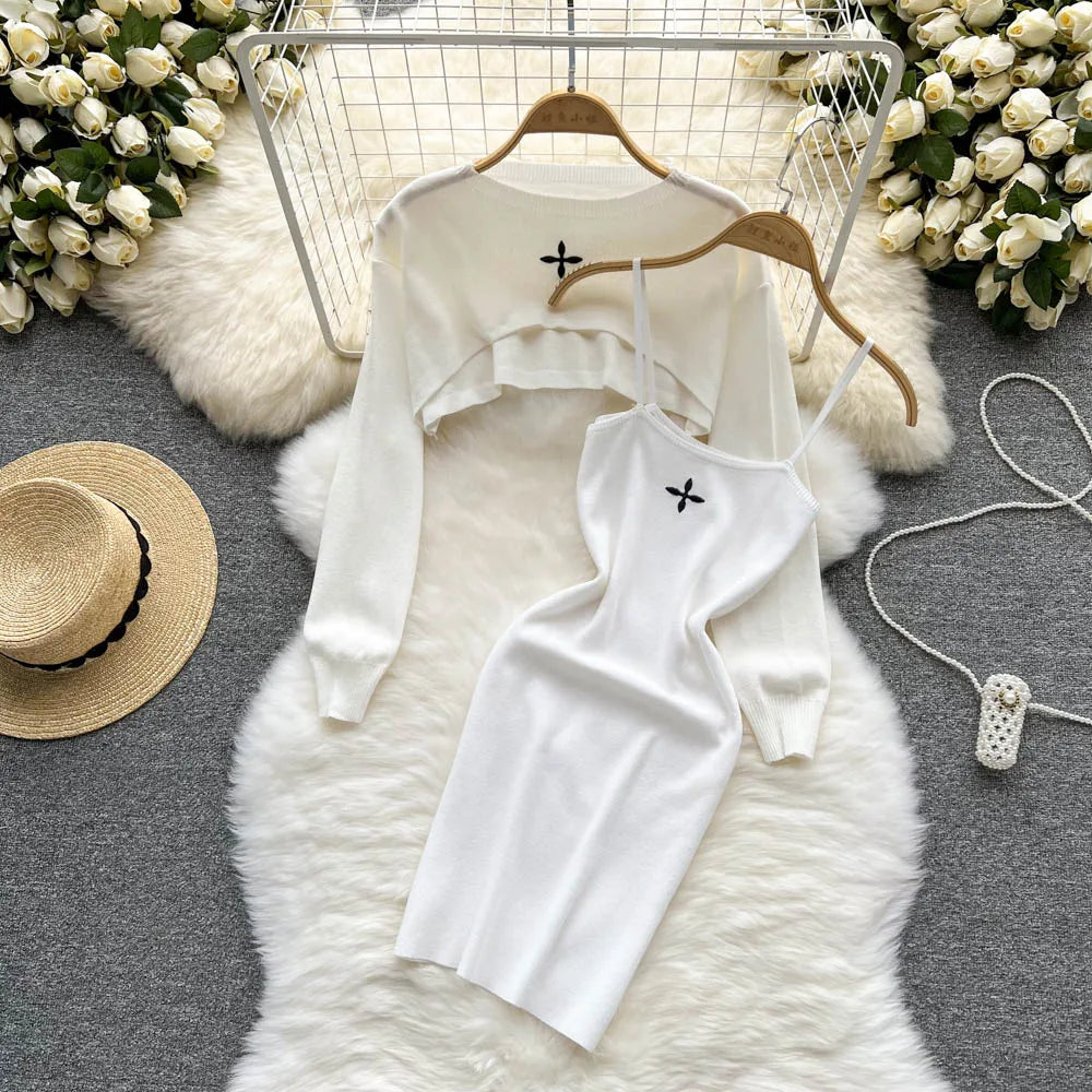 Women Dress Set strap Mini Dress + Full Sleeve Crop Top Streetwear Two Piece Suits