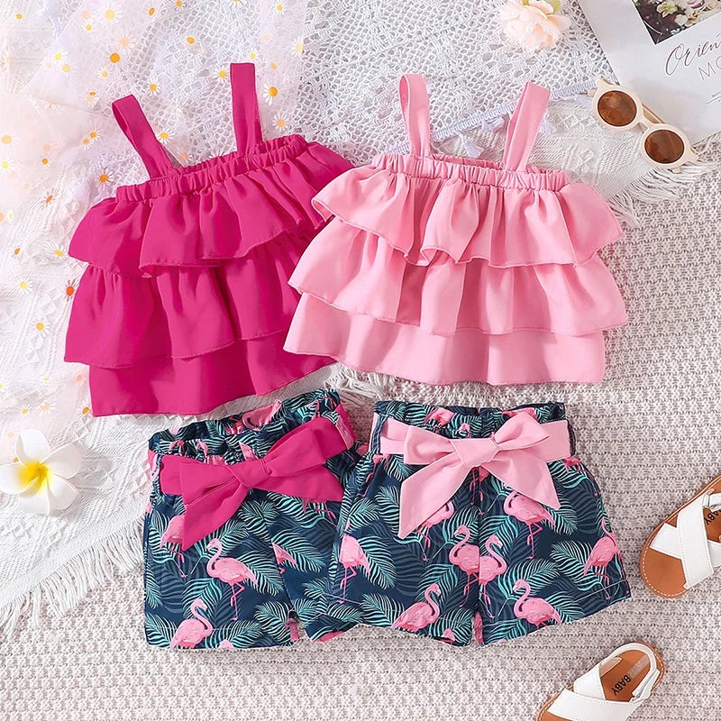 Baby Clothes Set 6Months - 3Years old Sleeveless Croptop and Cartoon Flamingo Shorts