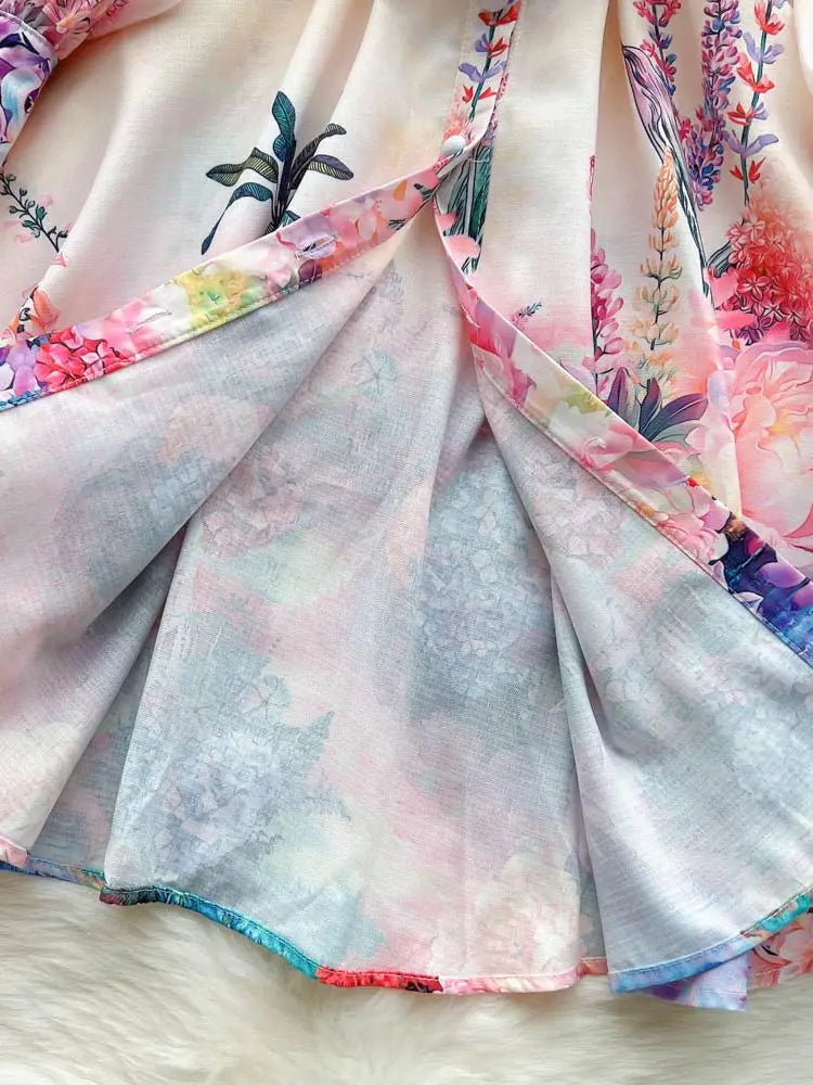 Elegant Gradien Short Dress Women's Linen Stand Long Lantern Sleeve Flower Print