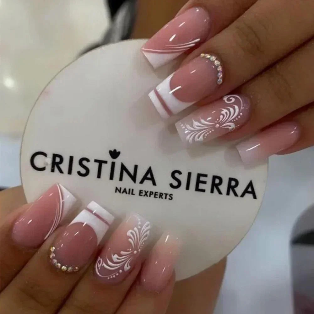 24Pcs Gradient Short Ballet Nails Set with Glue White Simple