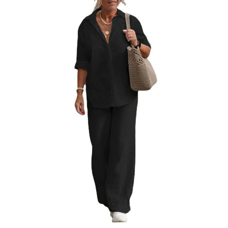 Long Sleeve Shirt Autumn Casual Solid Color Pants Wide Leg Suit