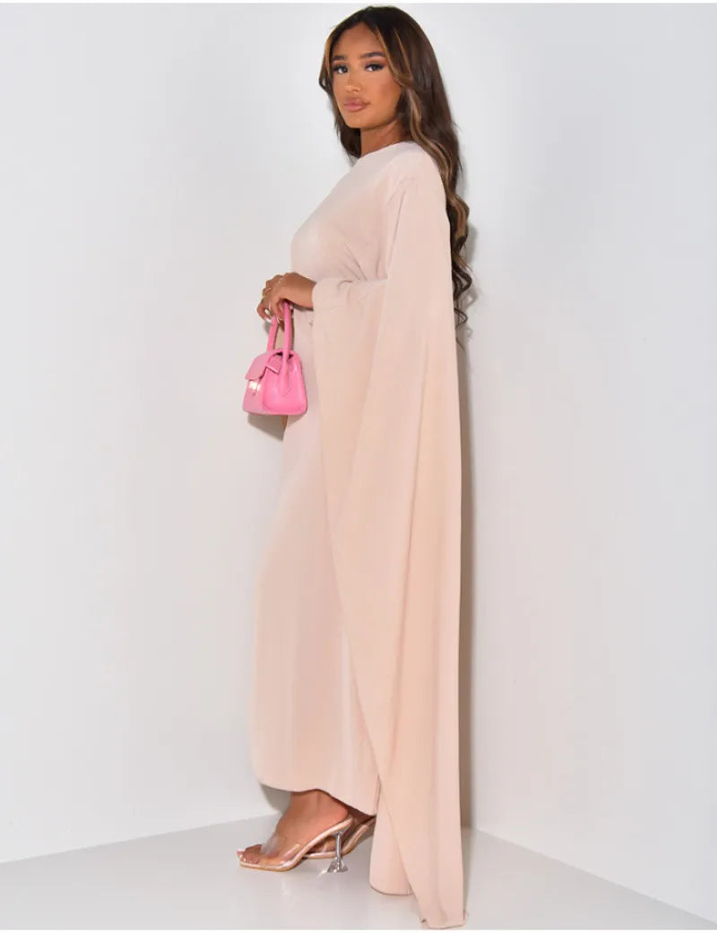 Satin Party Dress Abaya Women Elegant Solid Round Neck
