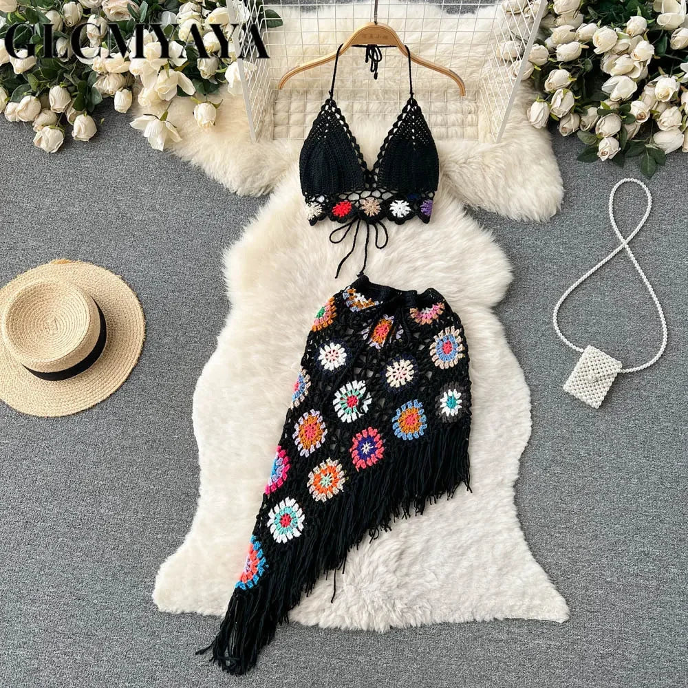Holiday Beach Skirts Set Knitted Crochet Halter Crop Top and Irregular Mini Midi Skirt Sexy Two 2 Piece Sets
