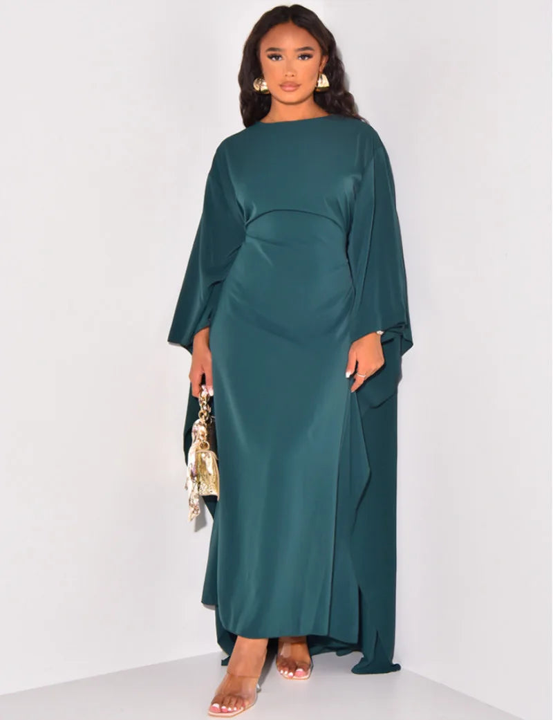 Satin Party Dress Abaya Women Elegant Solid Round Neck