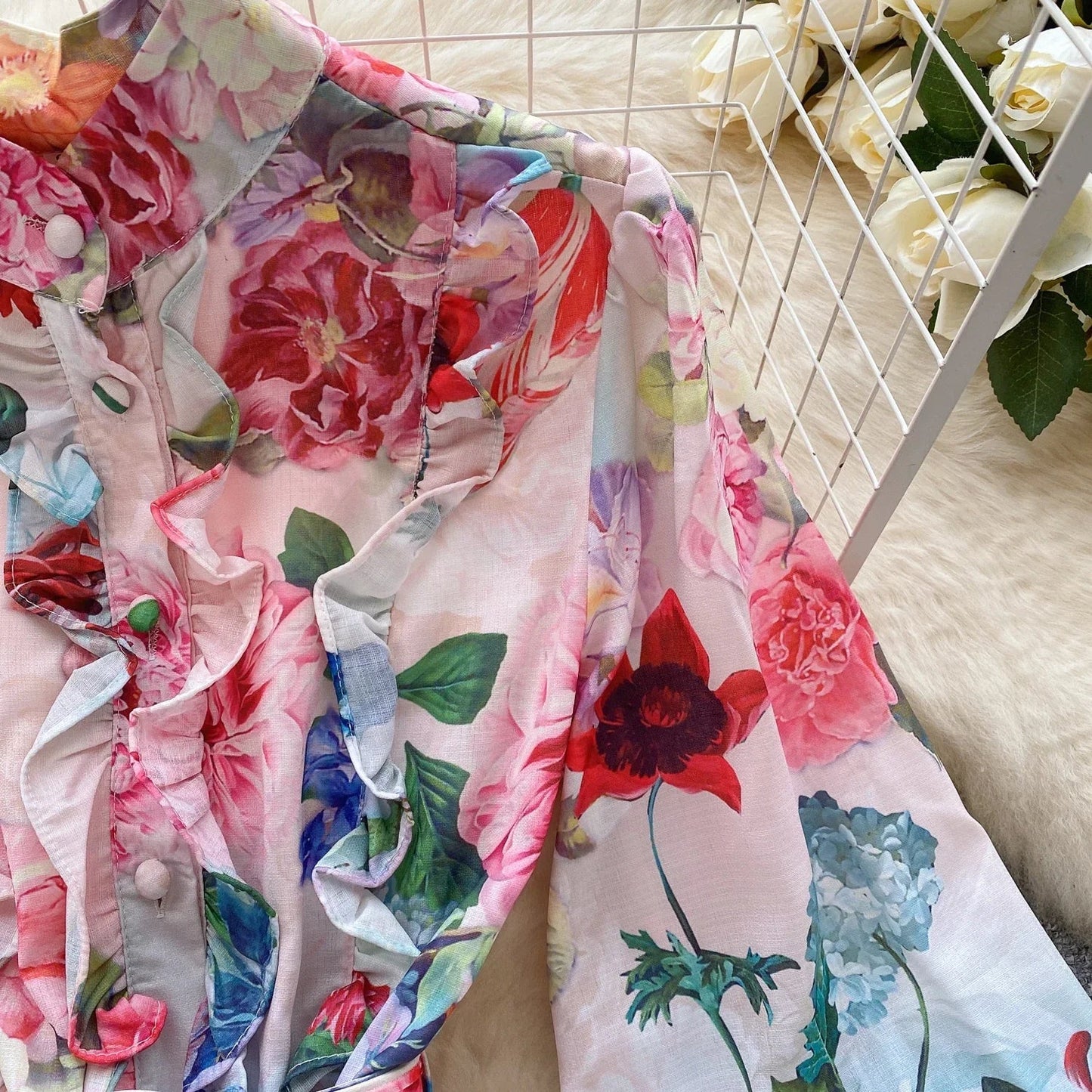 Print Belt Lantern Long Sleeve Dress