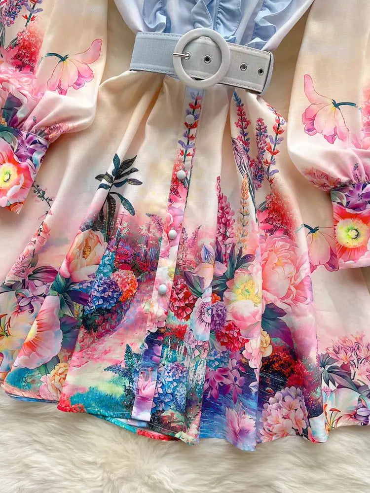 Elegant Gradien Short Dress Women's Linen Stand Long Lantern Sleeve Flower Print