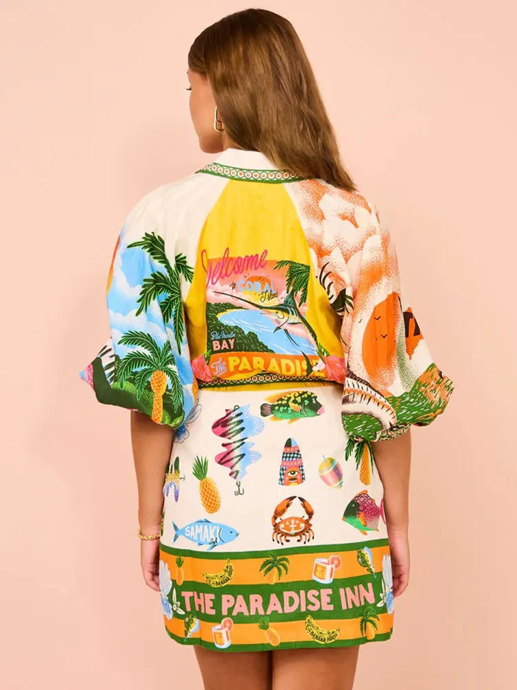 Summer Vintage Unique Print Belted Pocket Shirt Mini Dress