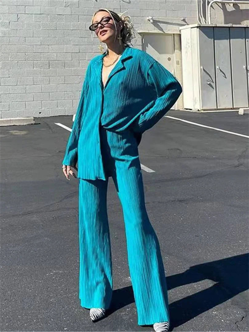 Women Pleated 2 Piece Pants Sets Loose Outfits