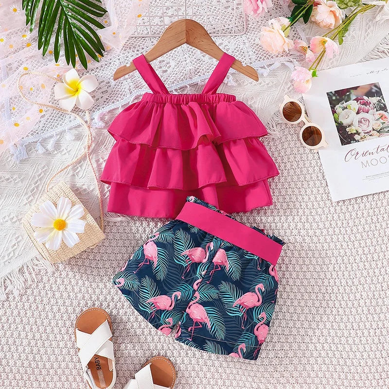 Baby Clothes Set 6Months - 3Years old Sleeveless Croptop and Cartoon Flamingo Shorts