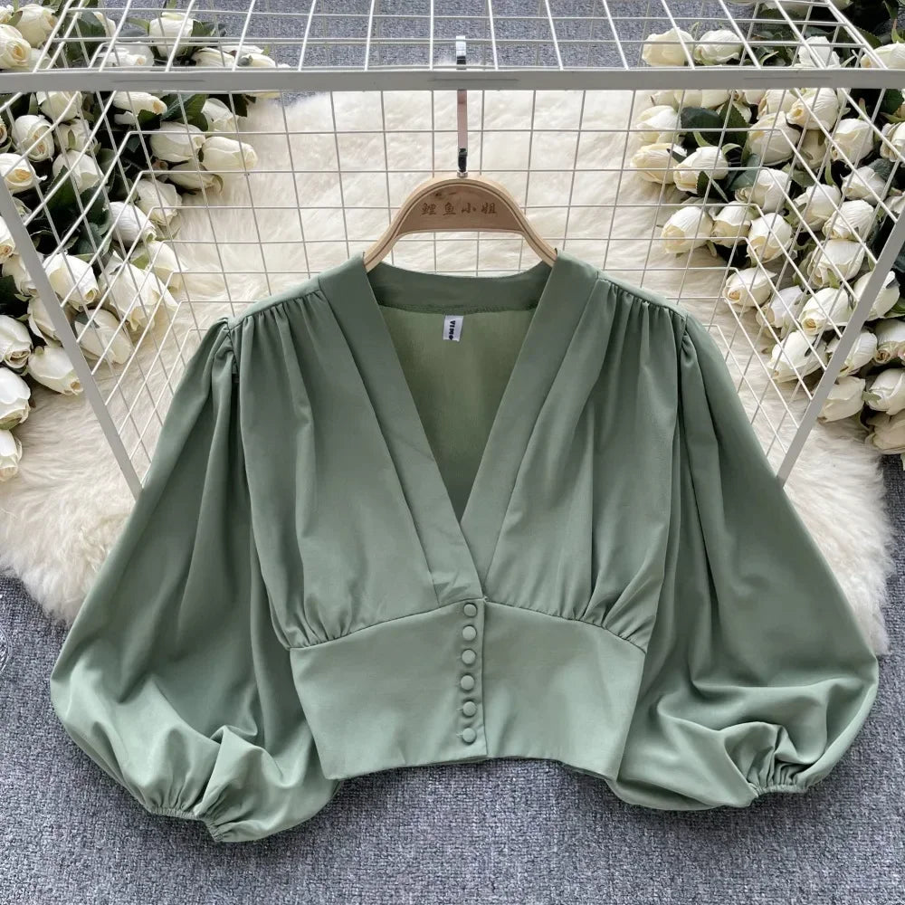 French Chic Elegant Shirts for Women V-neck Long Puff Sleeve