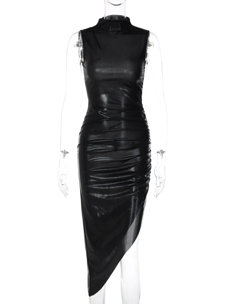 Leather Turtleneck Sleeveless Draped Slit Sexy Slim Dress