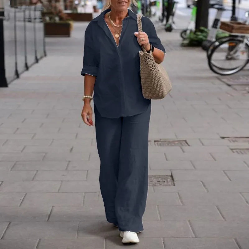 Long Sleeve Shirt Autumn Casual Solid Color Pants Wide Leg Suit
