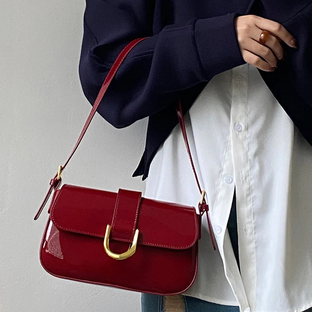 Retro Patent Leather Shoulder Bag For Women