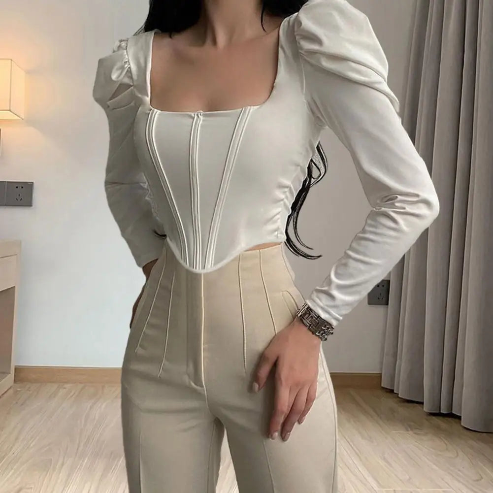 Women Crop Top Long Sleeve Square Collar