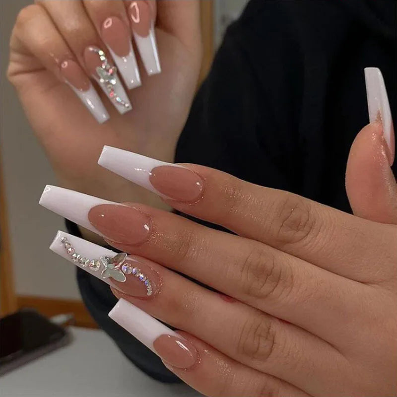 24 Pcs Long Coffin Press On Nails Colorful Pattern With Rhinestones