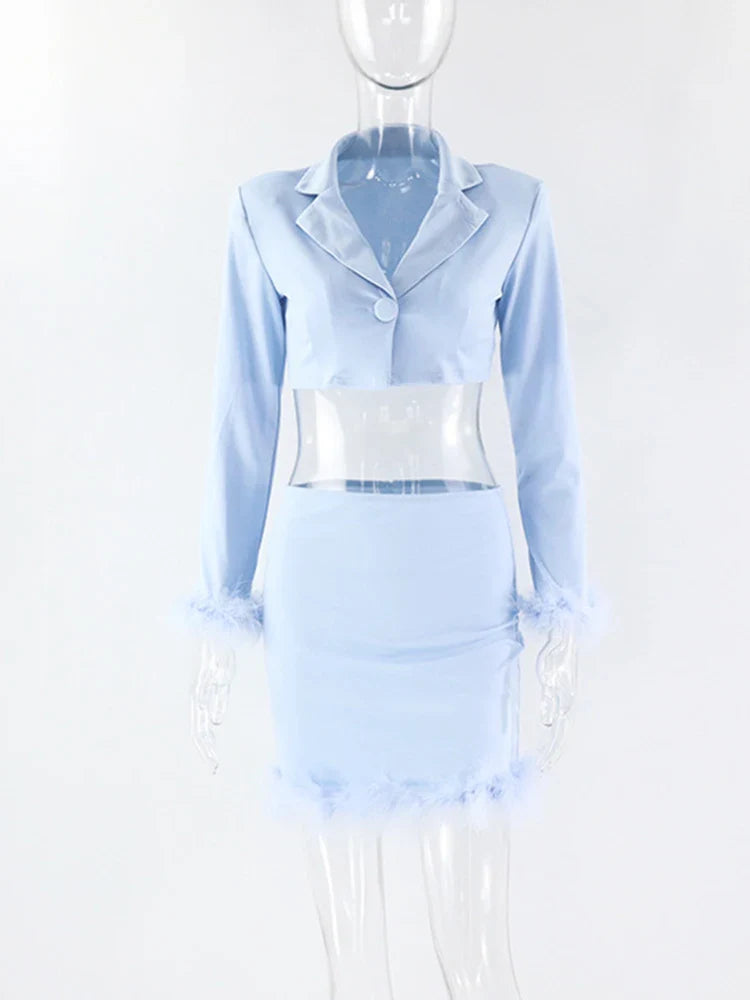 Two-Piece Long Sleeves Sexy Top High Waist Mini Skirts Streetwear Fashion Elegant 2 Piece