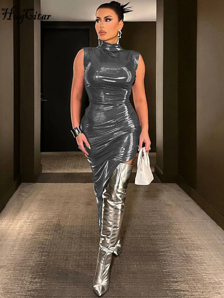 Leather Turtleneck Sleeveless Draped Slit Sexy Slim Dress