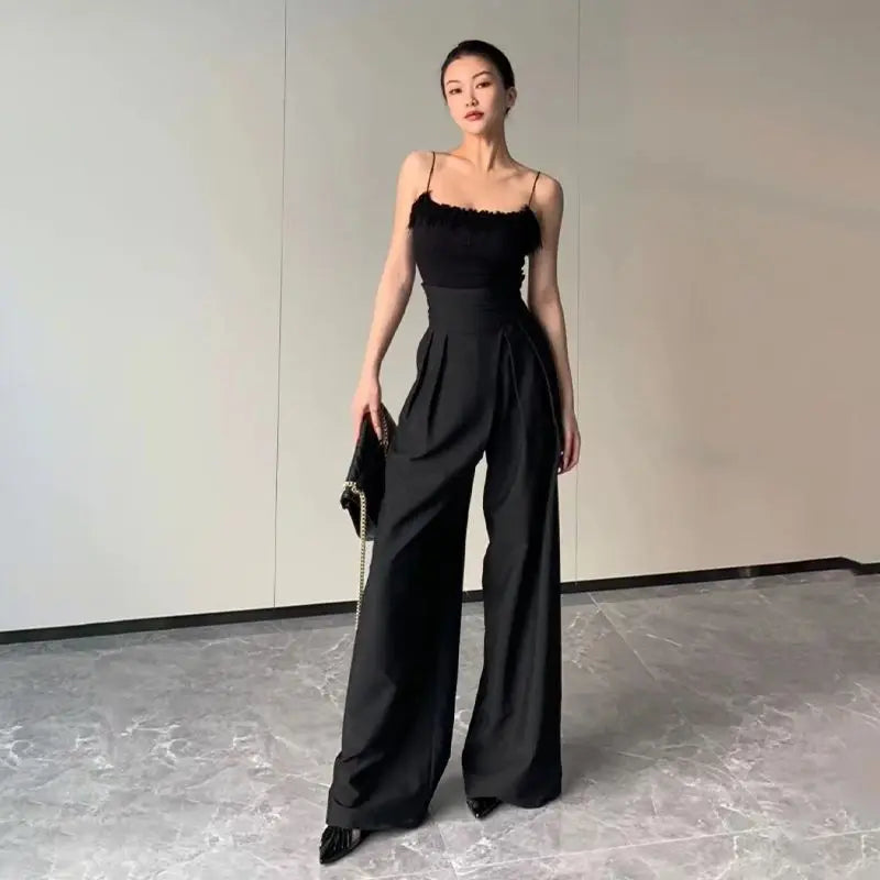 Black Design Wide-Leg Pants Women's Slimming Suit Pant