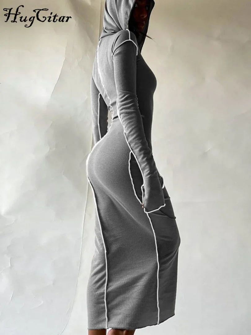 Long Sleeve Hooded Patchwork Skinny Dress
