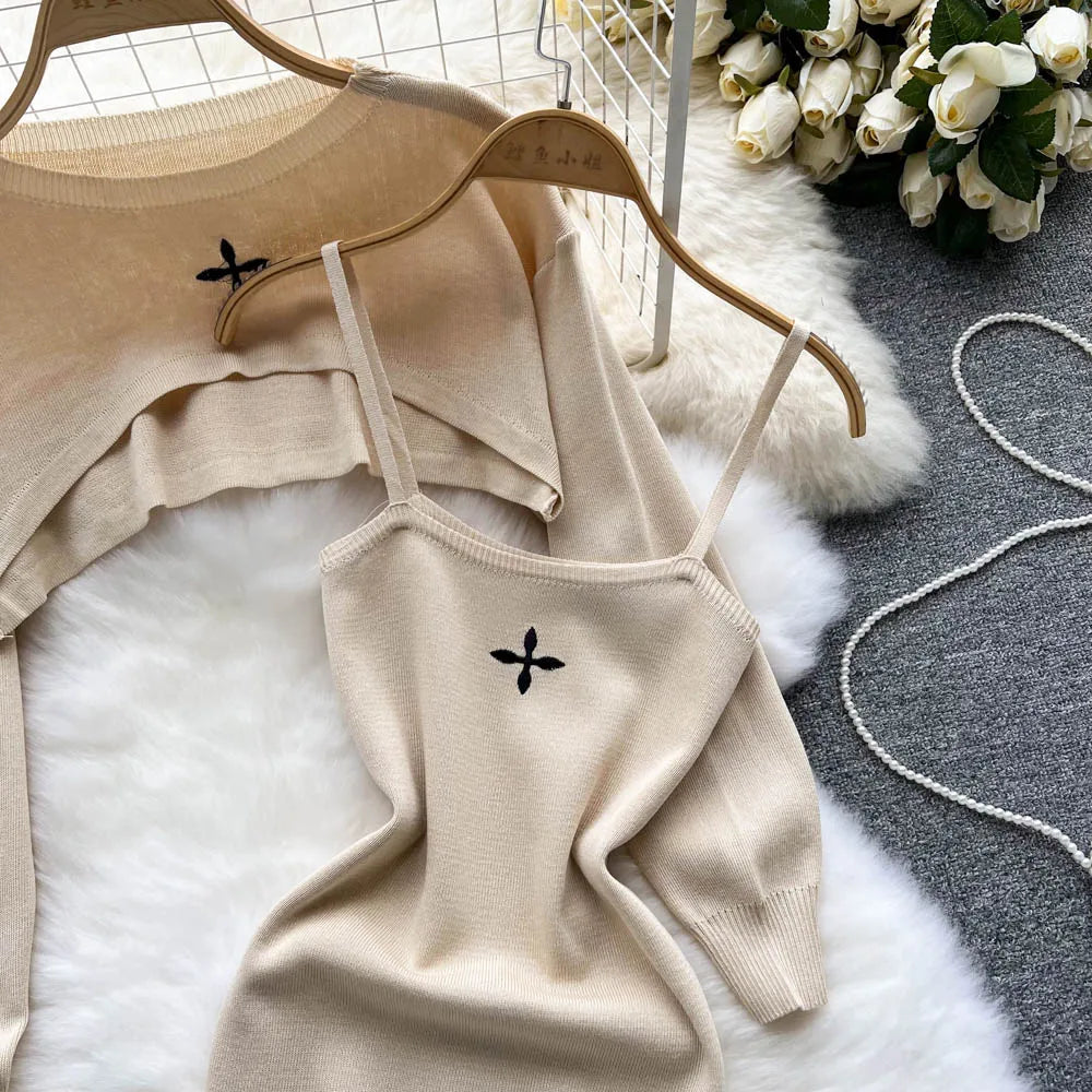 Women Dress Set strap Mini Dress + Full Sleeve Crop Top Streetwear Two Piece Suits