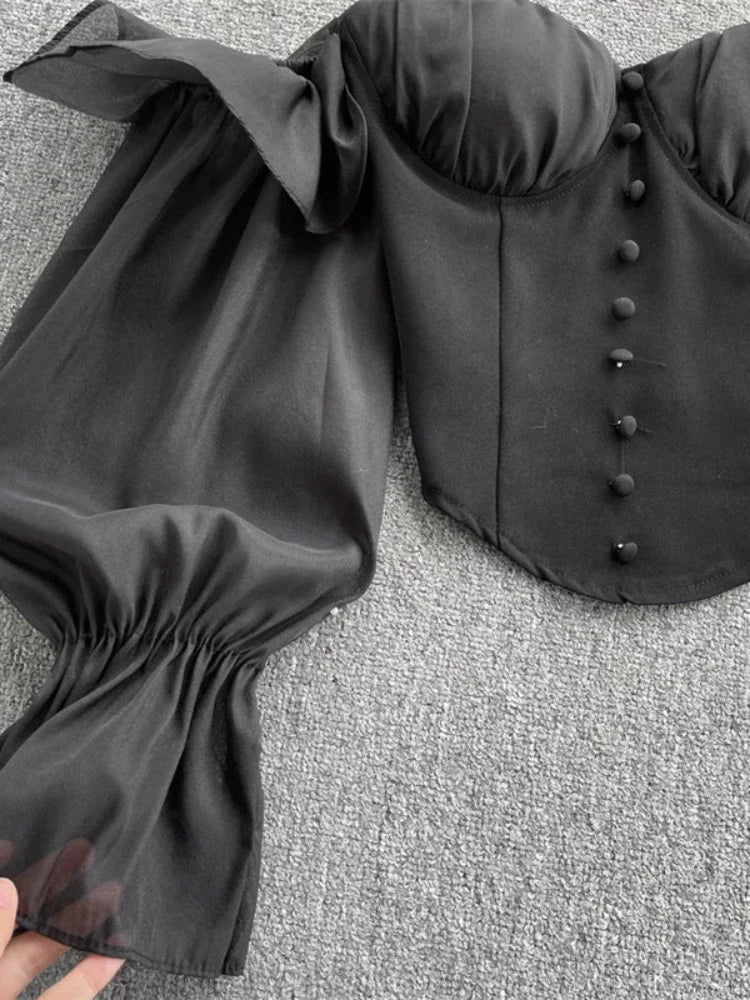 Summer Off Shoulder Tops Women Long Sleeves Solid Zipper Elastic Waist