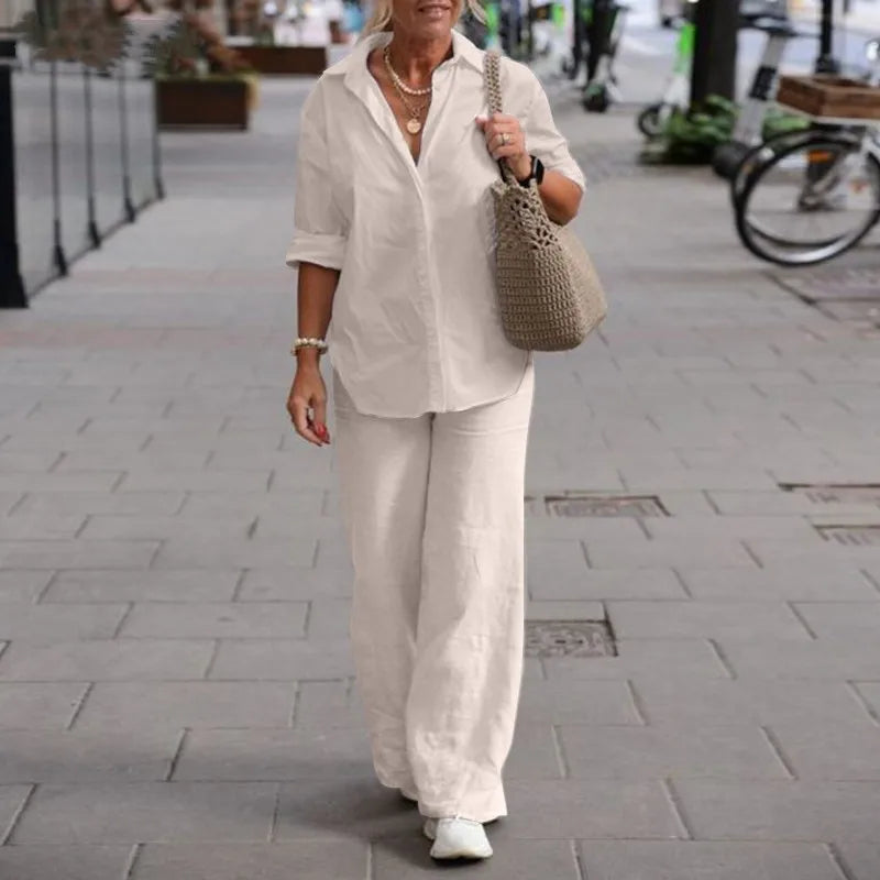 Long Sleeve Shirt Autumn Casual Solid Color Pants Wide Leg Suit