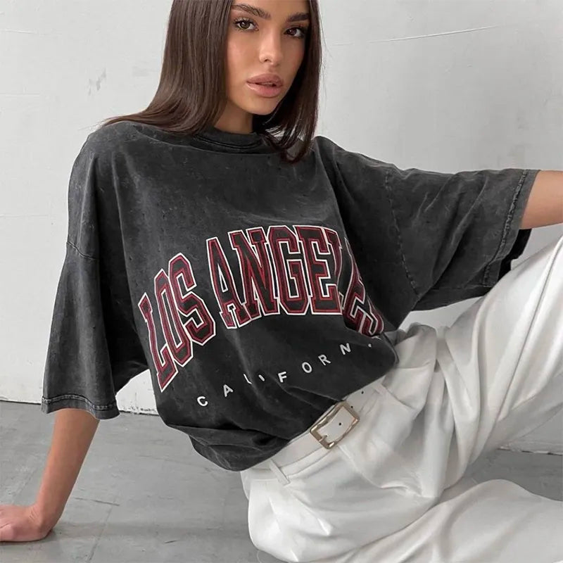 Acid Washed T Shirt Women Vintage Cotton T-shirts Streetwear