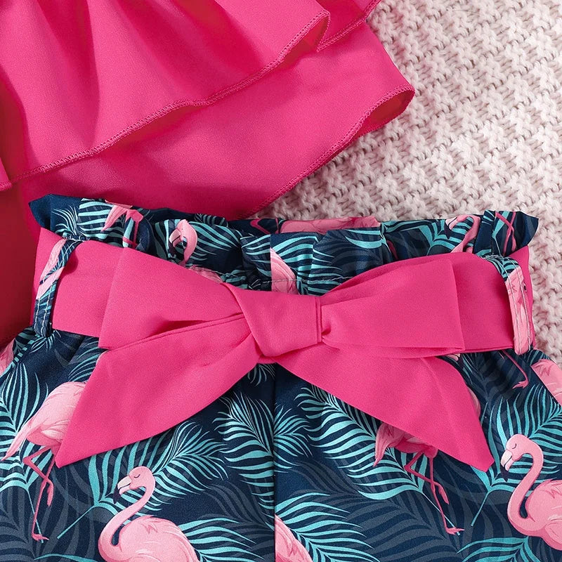 Baby Clothes Set 6Months - 3Years old Sleeveless Croptop and Cartoon Flamingo Shorts