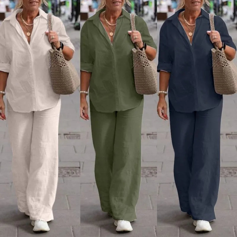 Long Sleeve Shirt Autumn Casual Solid Color Pants Wide Leg Suit