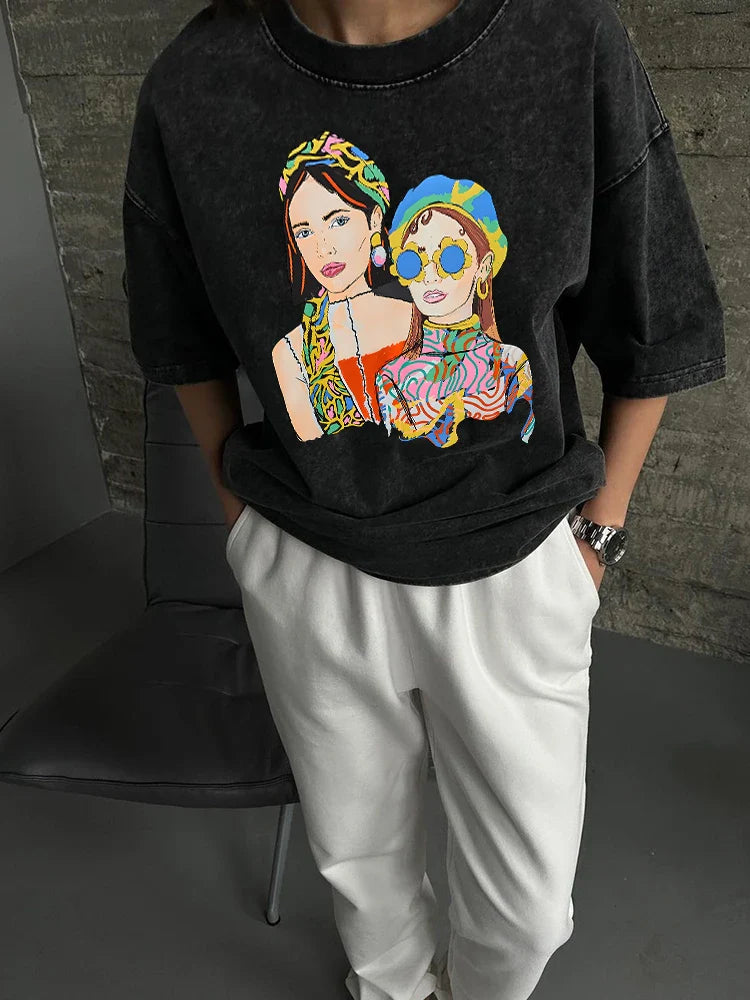 Acid Washed T Shirt Women Vintage Cotton T-shirts Streetwear