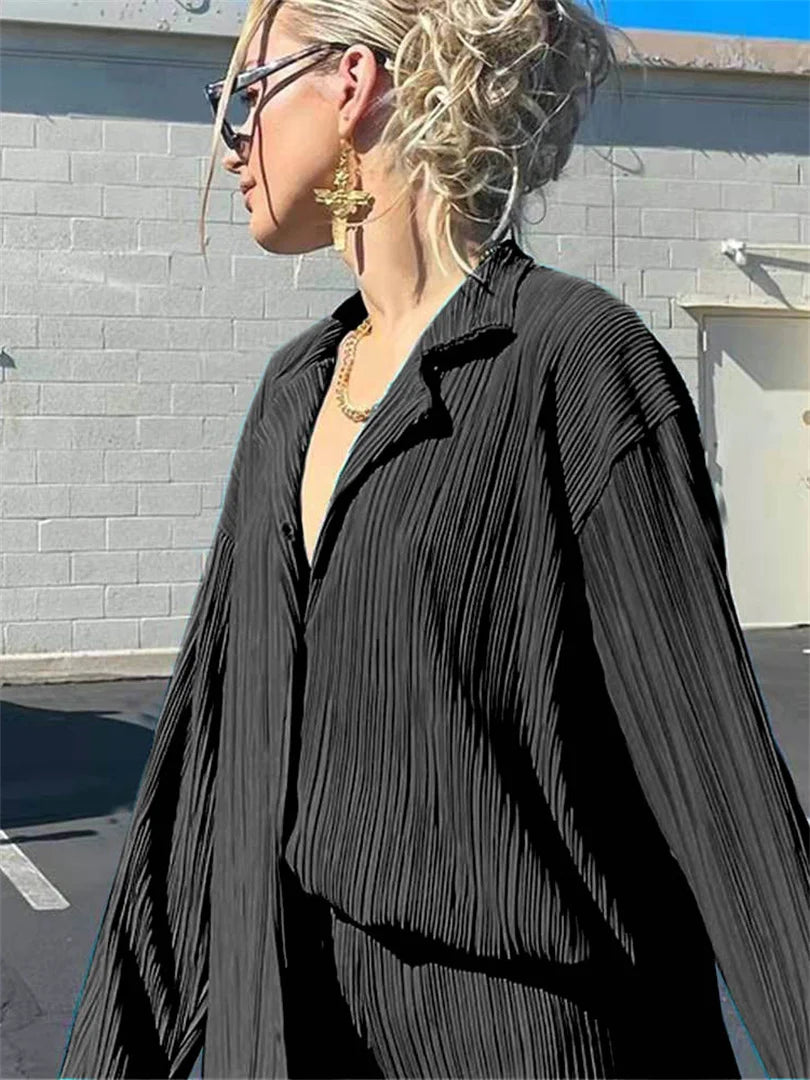 Women Pleated 2 Piece Pants Sets Loose Outfits