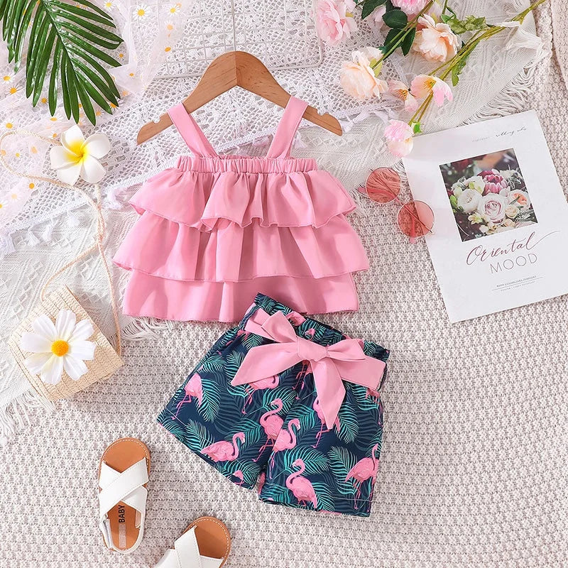 Baby Clothes Set 6Months - 3Years old Sleeveless Croptop and Cartoon Flamingo Shorts
