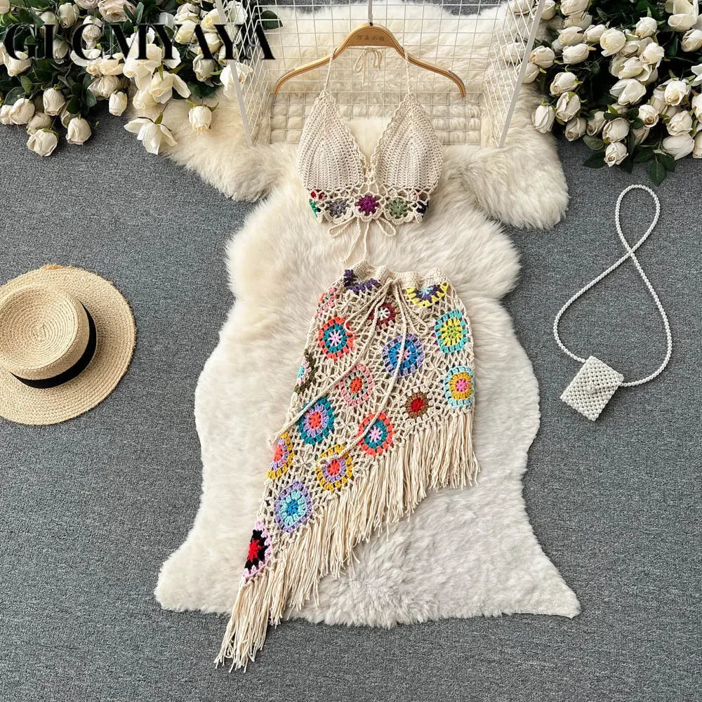 Holiday Beach Skirts Set Knitted Crochet Halter Crop Top and Irregular Mini Midi Skirt Sexy Two 2 Piece Sets