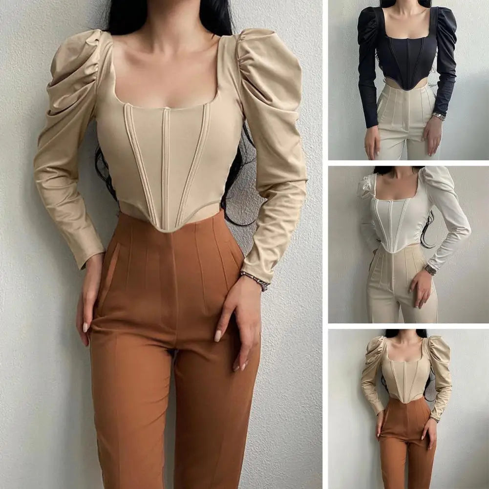 Women Crop Top Long Sleeve Square Collar