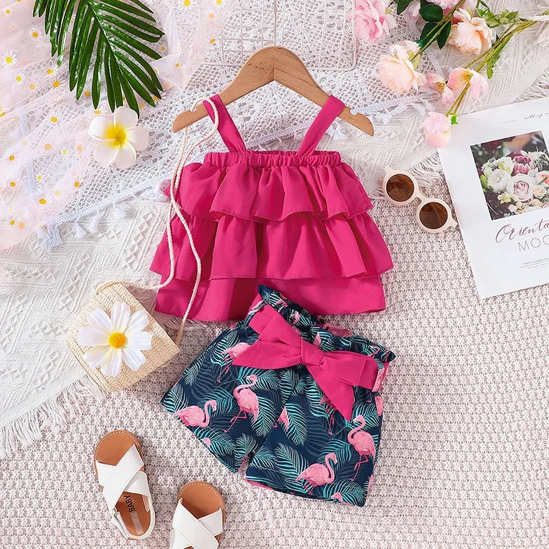 Baby Clothes Set 6Months - 3Years old Sleeveless Croptop and Cartoon Flamingo Shorts