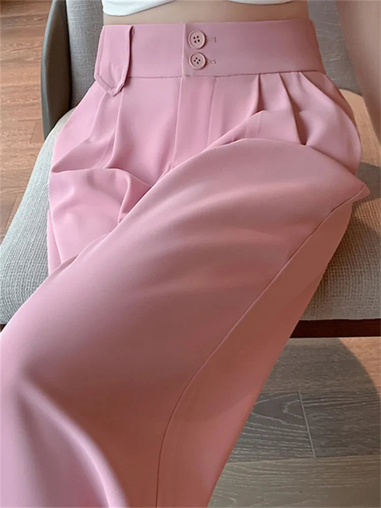 High Waist Pants For Women New Korean Fashion Button Up Wide Leg
