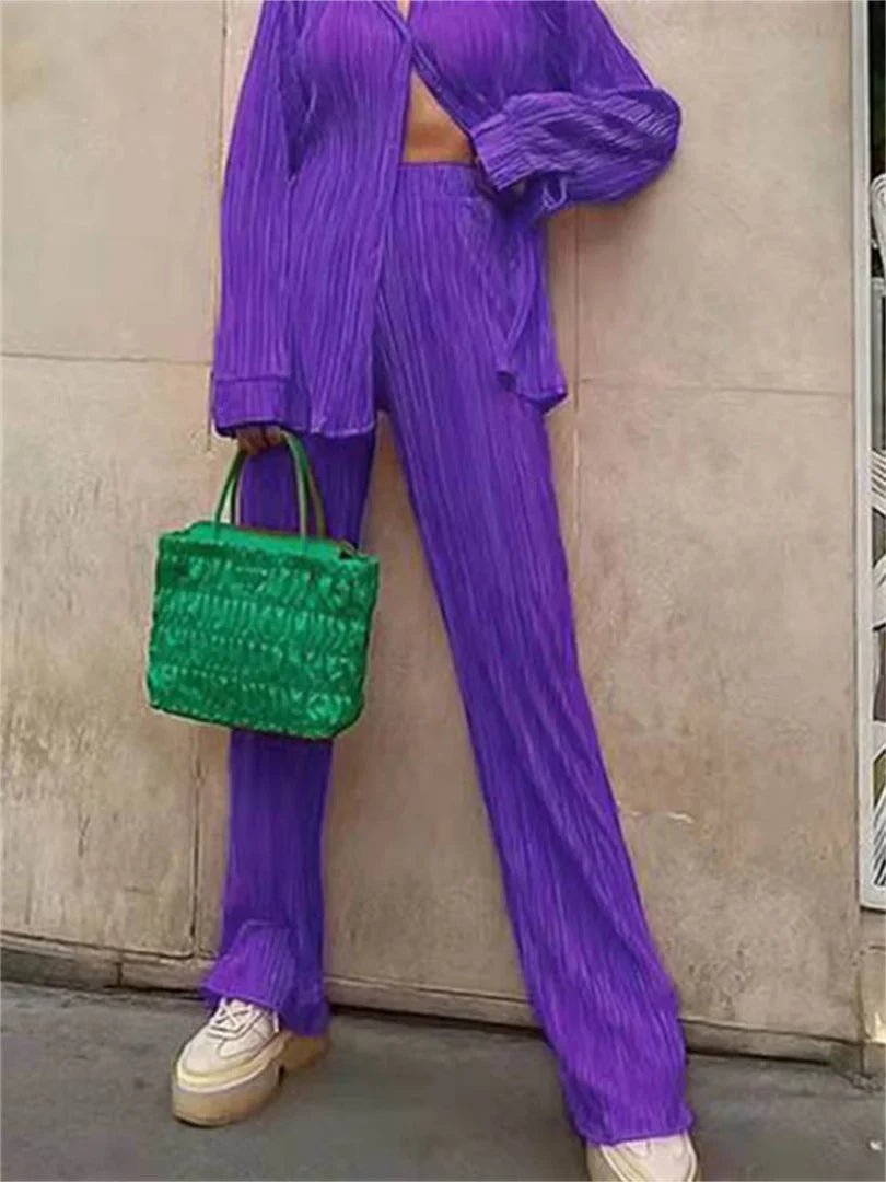Women Pleated 2 Piece Pants Sets Loose Outfits