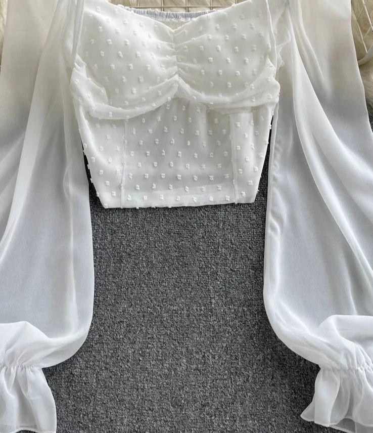 Women Short Blouse Summer Slash Neck Long Sleeve