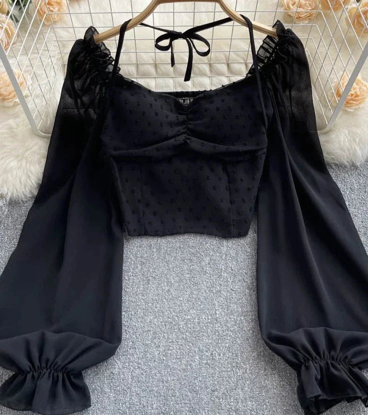 Women Short Blouse Summer Slash Neck Long Sleeve