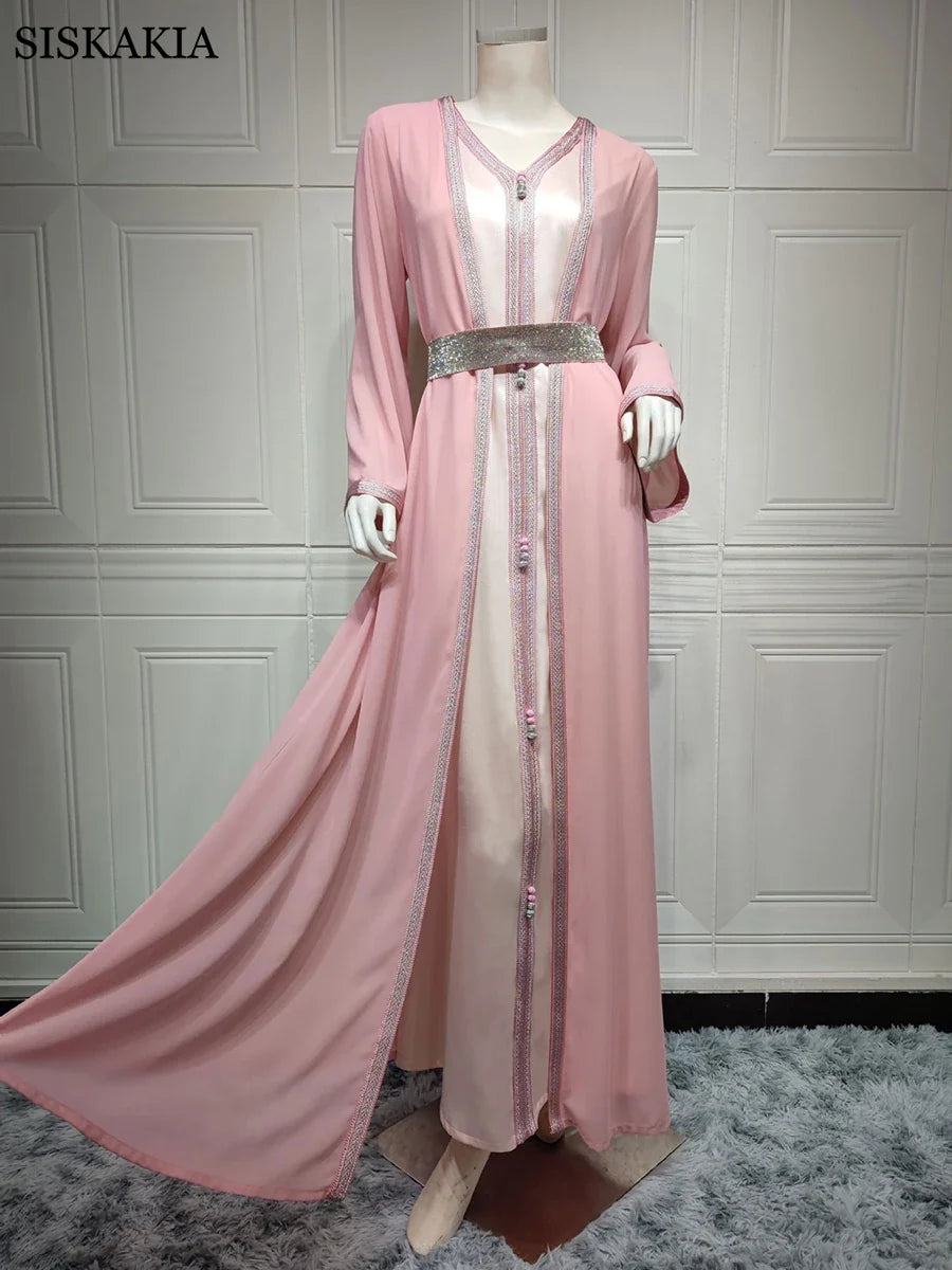 Two Pieces Abaya Set Women Vest Long Dress
