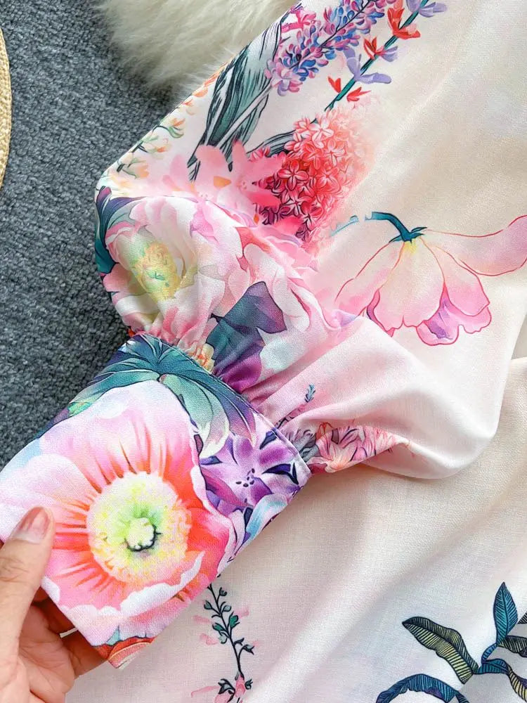 Elegant Gradien Short Dress Women's Linen Stand Long Lantern Sleeve Flower Print