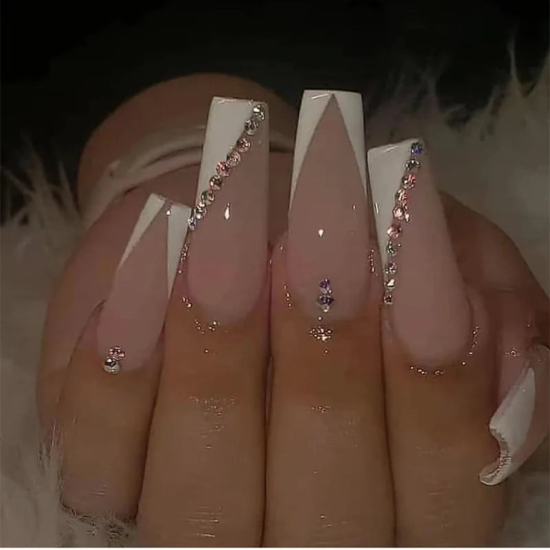 24 Pcs Long Coffin Press On Nails Colorful Pattern With Rhinestones