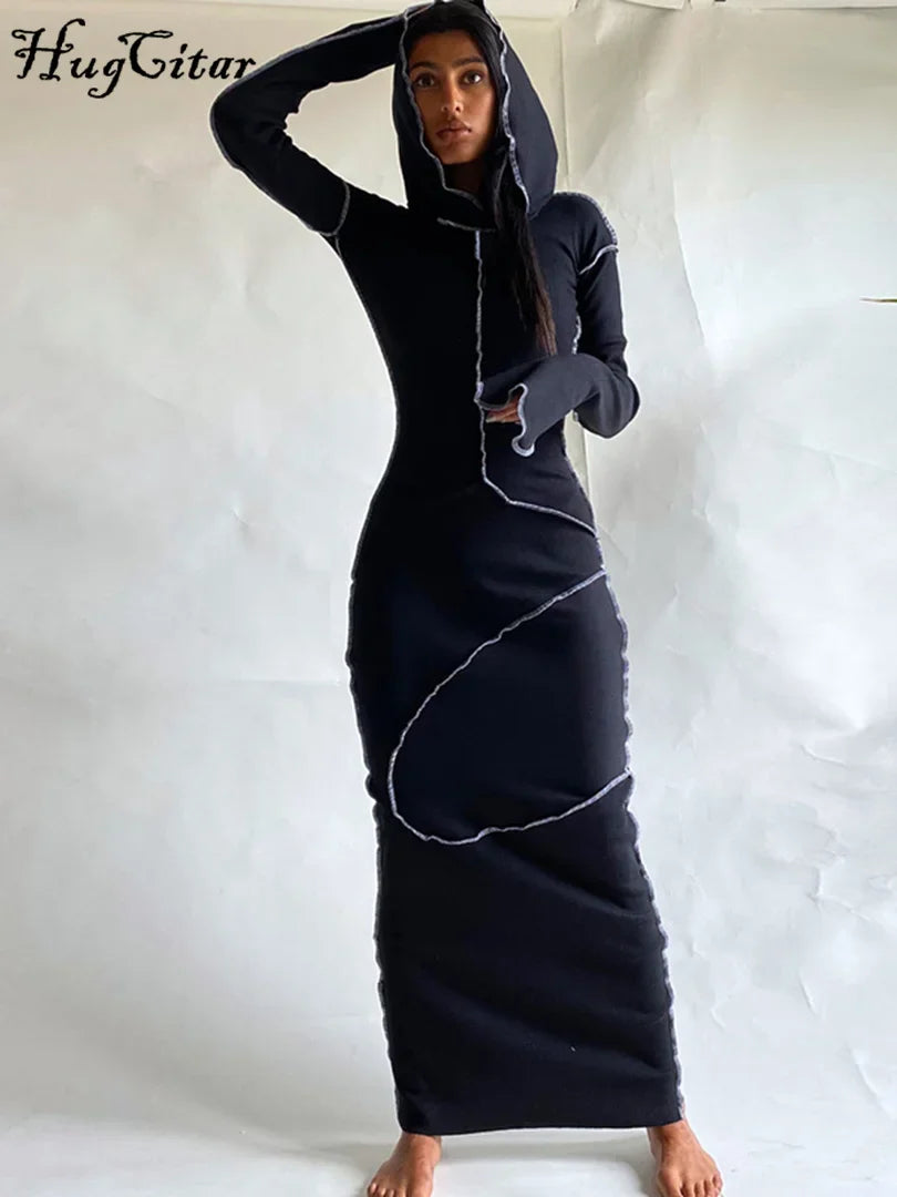 Long Sleeve Hooded Patchwork Skinny Dress