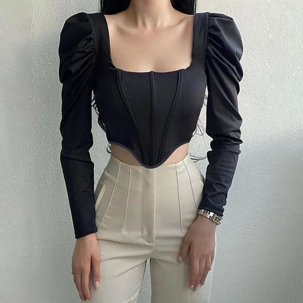 Women Crop Top Long Sleeve Square Collar