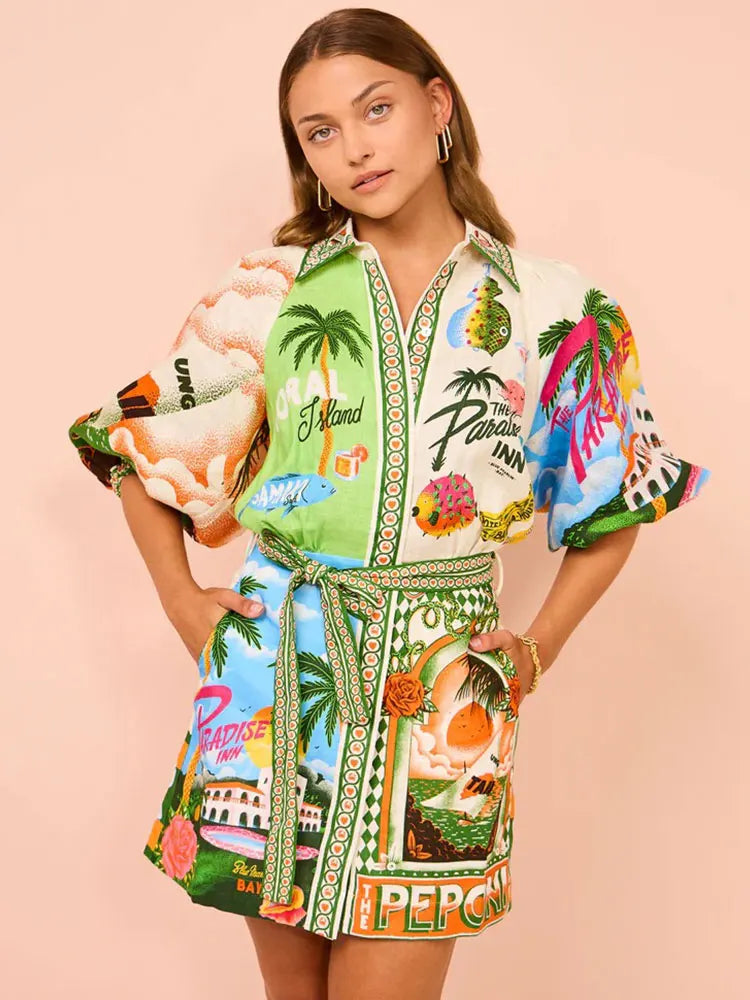 Summer Vintage Unique Print Belted Pocket Shirt Mini Dress